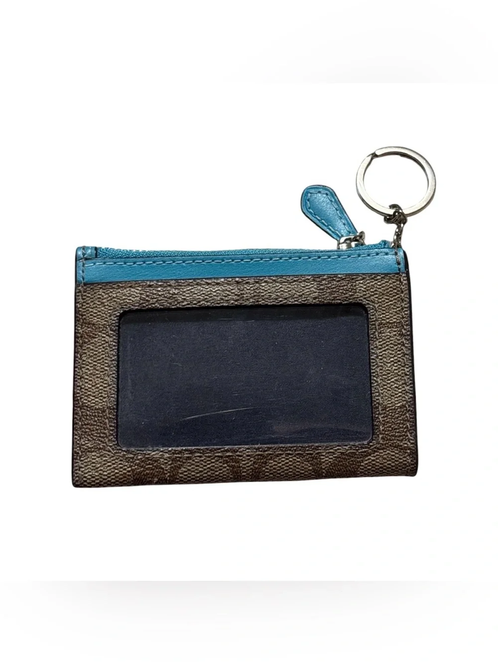Coach Brown Signature Canvas Card Case with Teal Trim and Key Ring